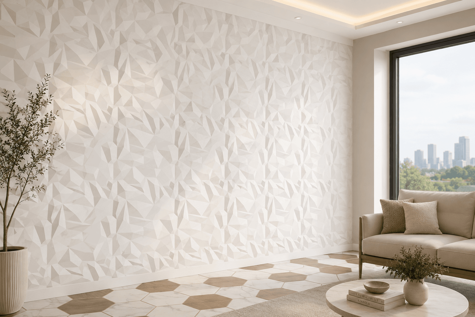 Modern white 3D PVC wall panel design for living room interiors
