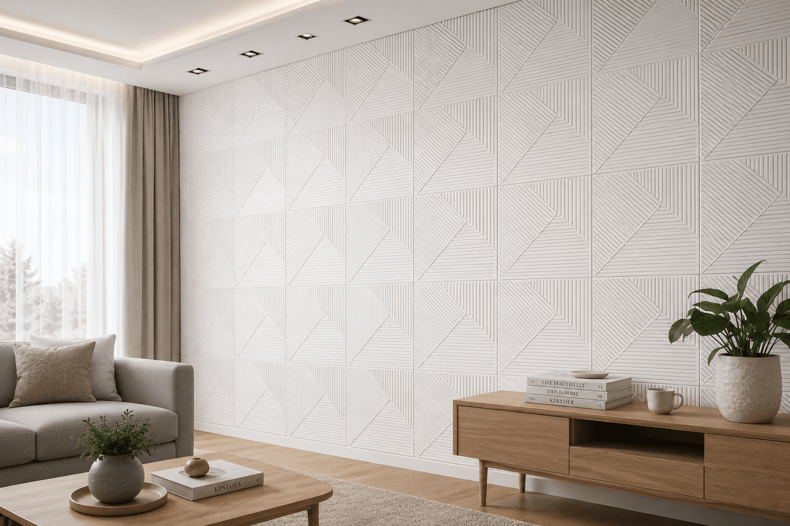 Minimalist white geometric PVC wall panel design for modern interiors