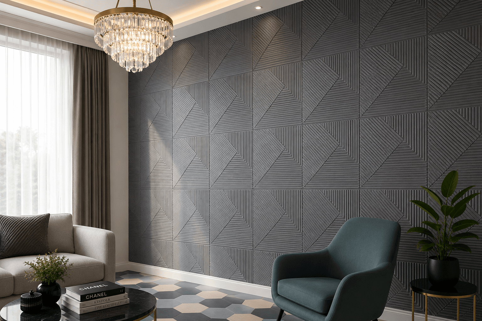 Grey geometric PVC wall panel for luxury interior wall design