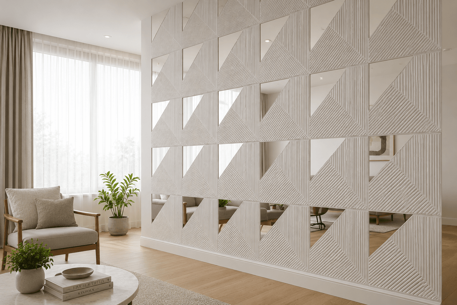 Decorative white PVC partition wall panel with geometric cutout design
