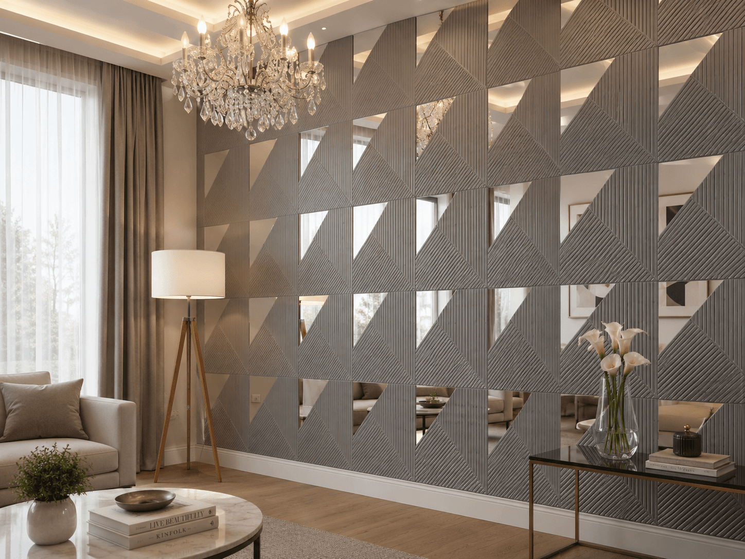 Contemporary grey PVC wall panel with geometric partition design