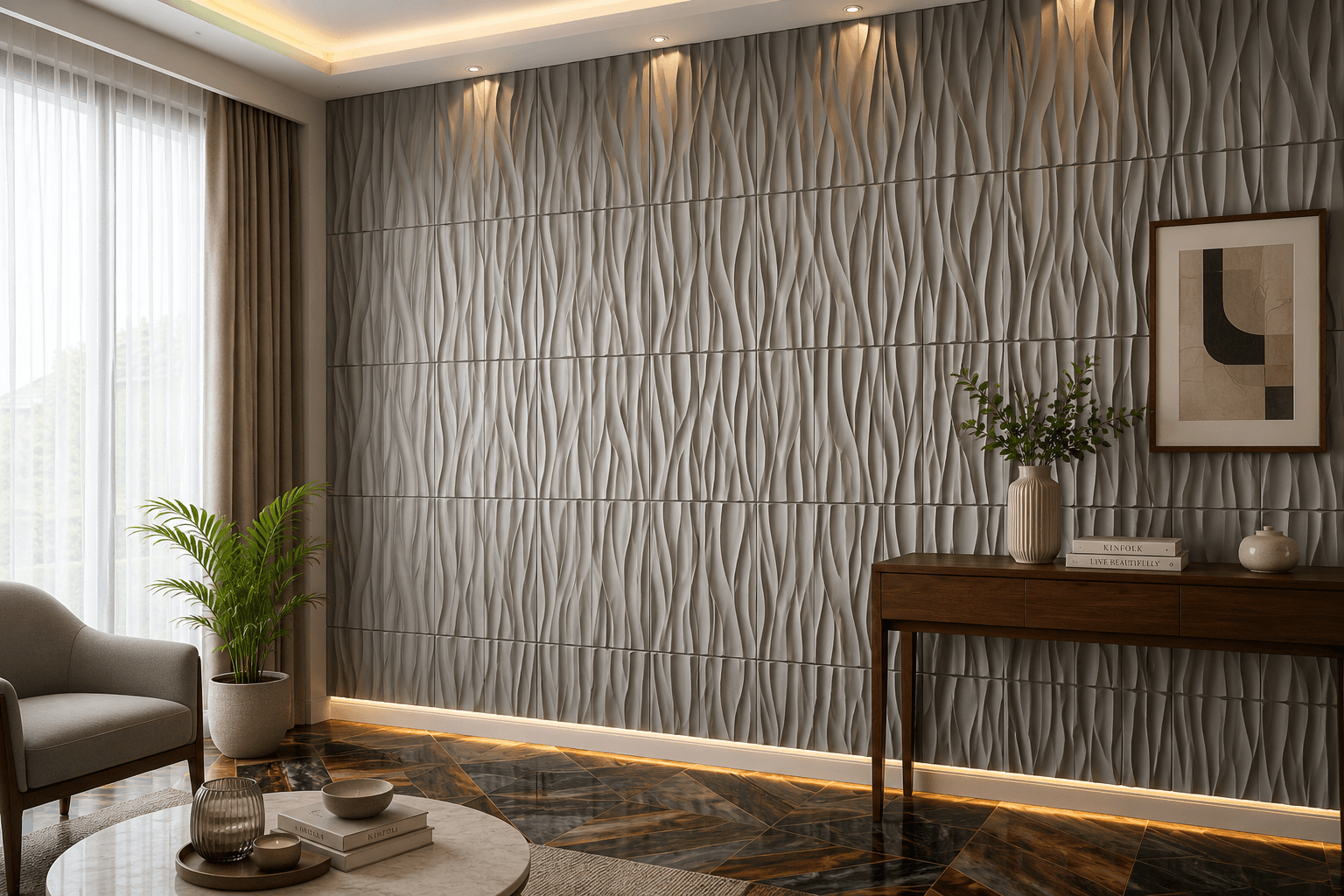 Vertical textured PVC wall panel design in grey finish