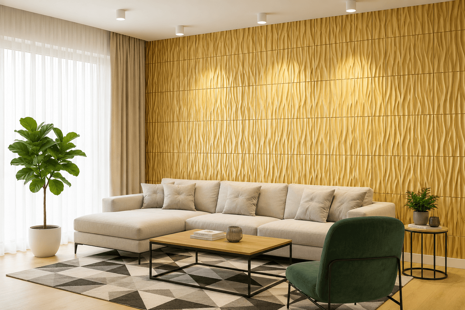 Luxury golden PVC wall panel with illuminated textured surface