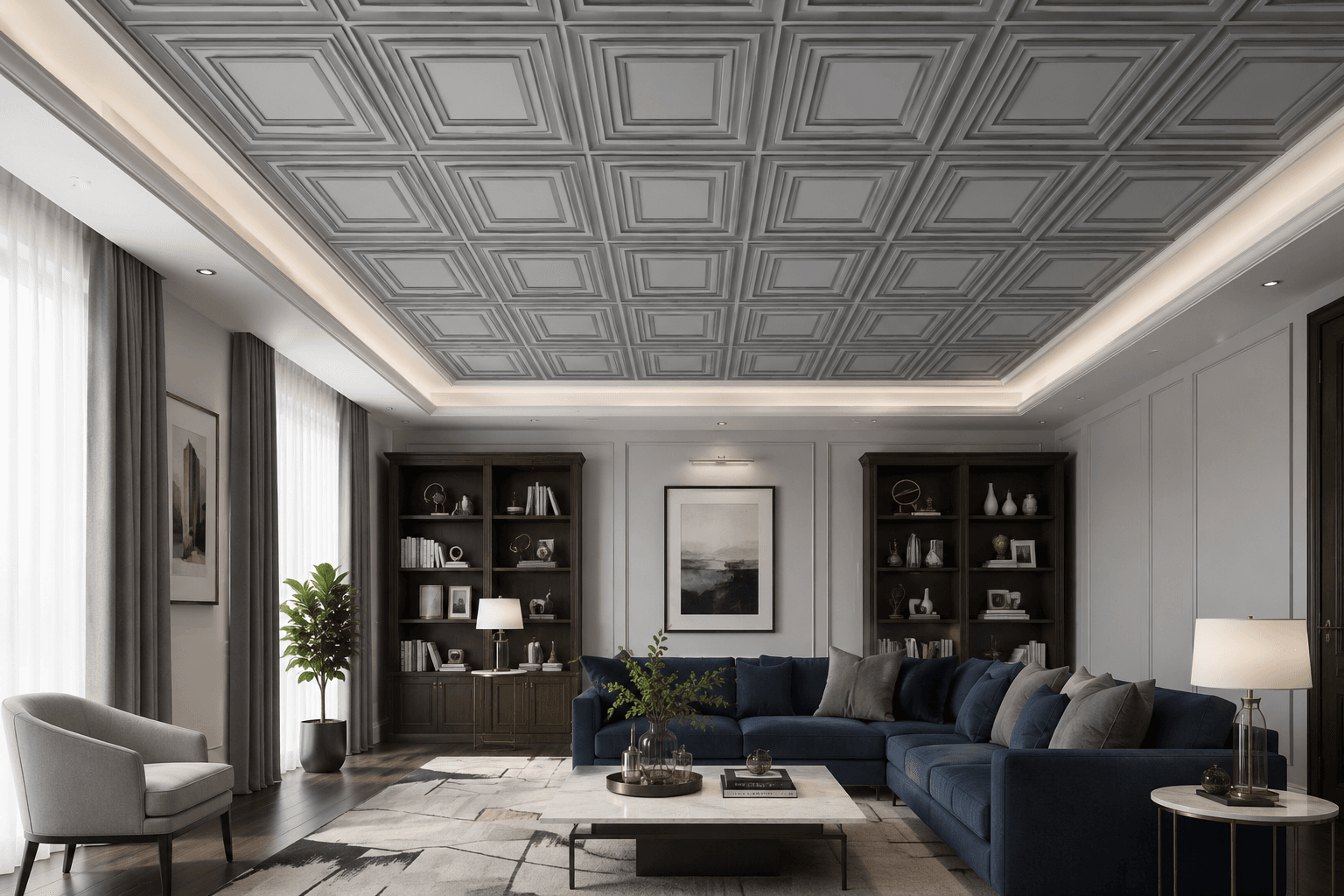 Decorative PVC ceiling panel design with geometric pattern