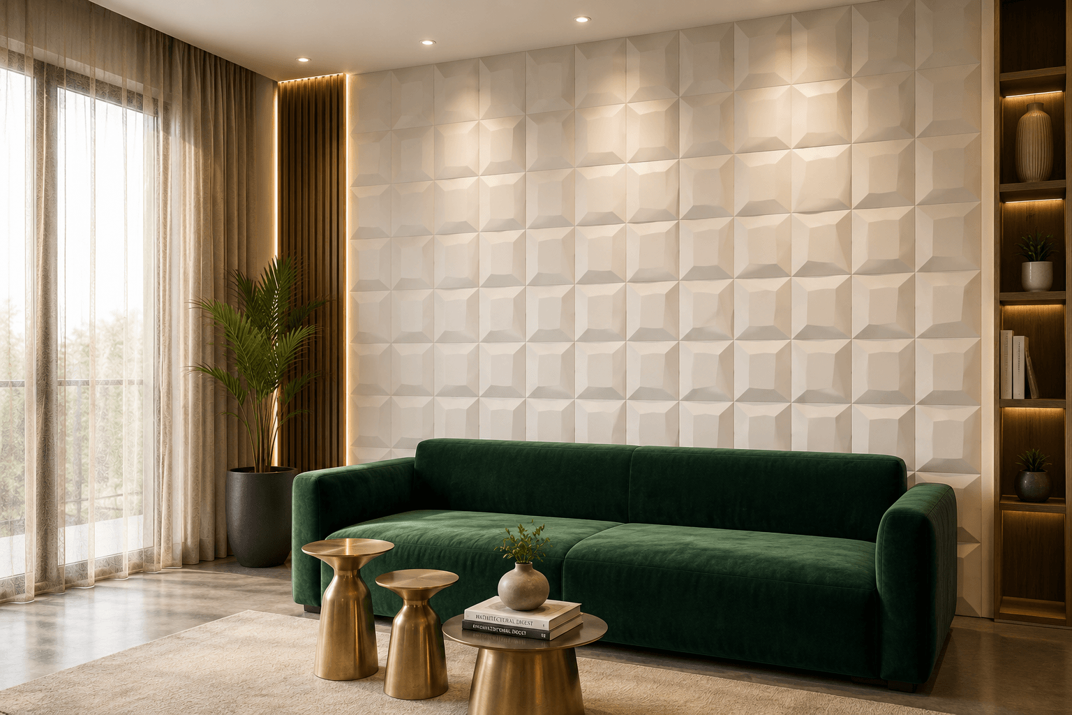 White 3D PVC wall panel with soft lighting effect