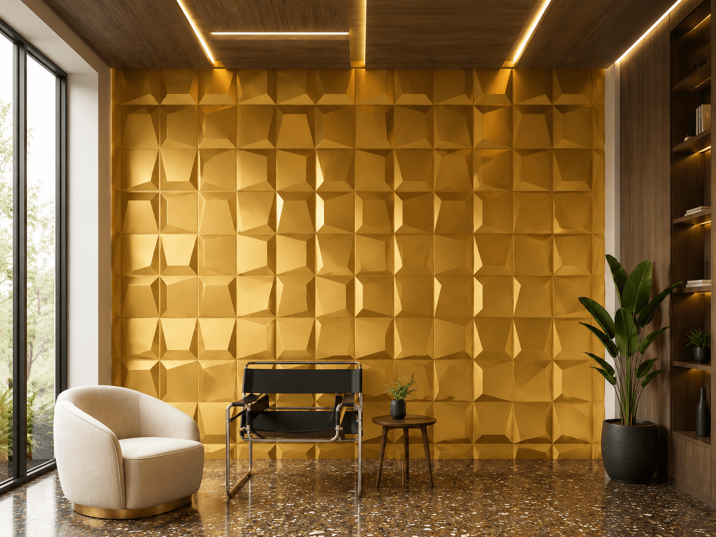 Gold metallic PVC wall panel with luxury geometric texture