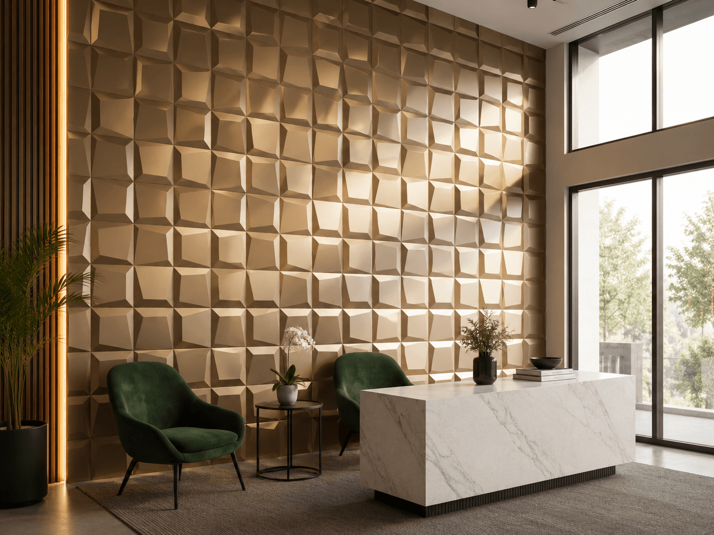 Beige textured PVC wall panel with luxury 3D pattern