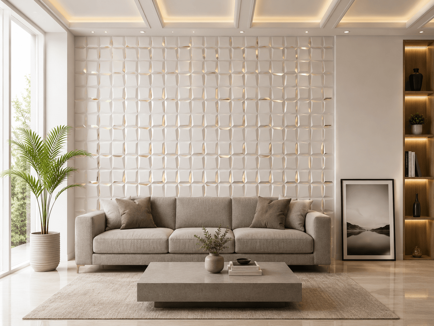 White luxury PVC wall panel with floral inspired 3D texture
