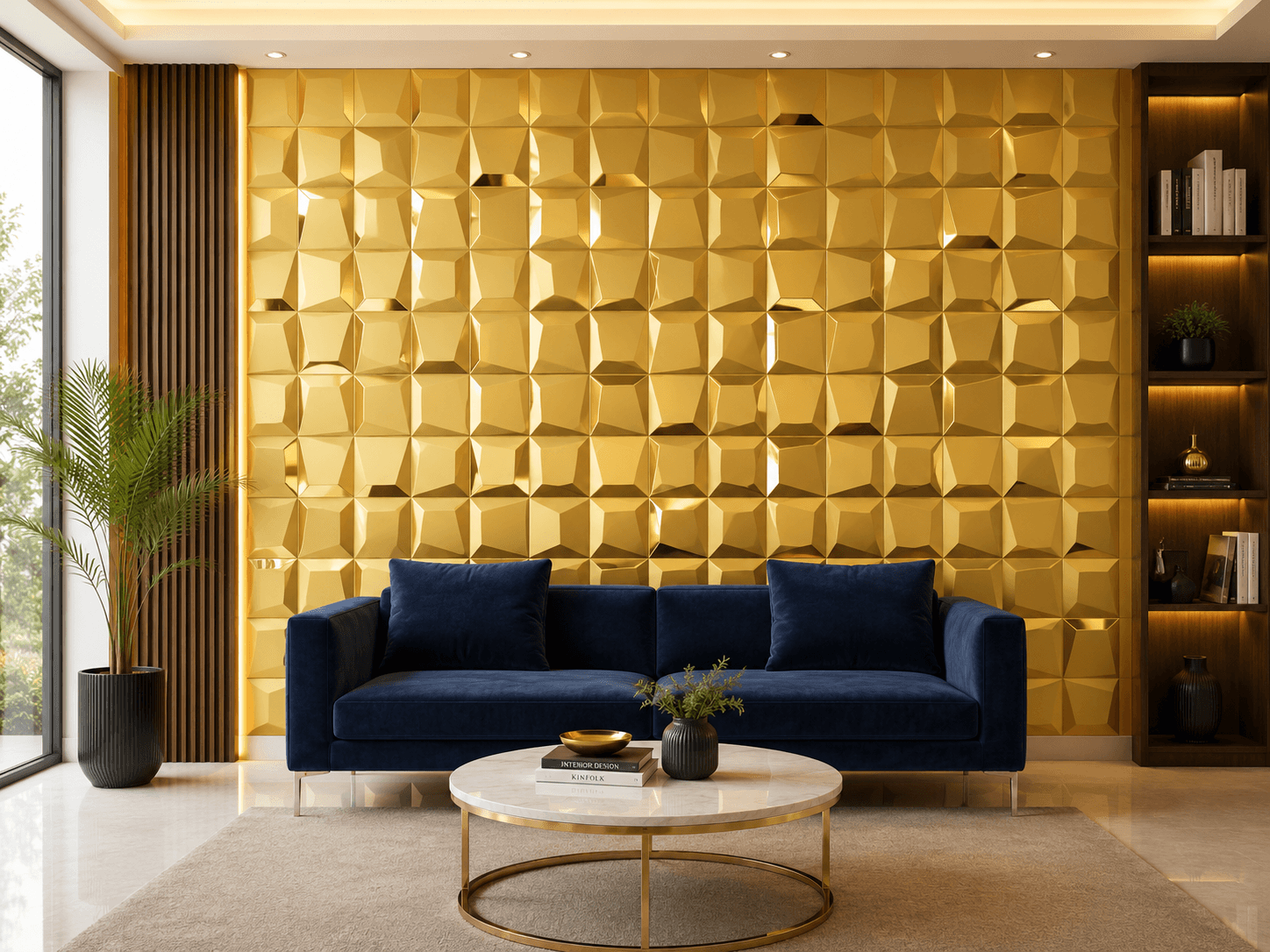 Golden illuminated PVC wall panel with decorative texture