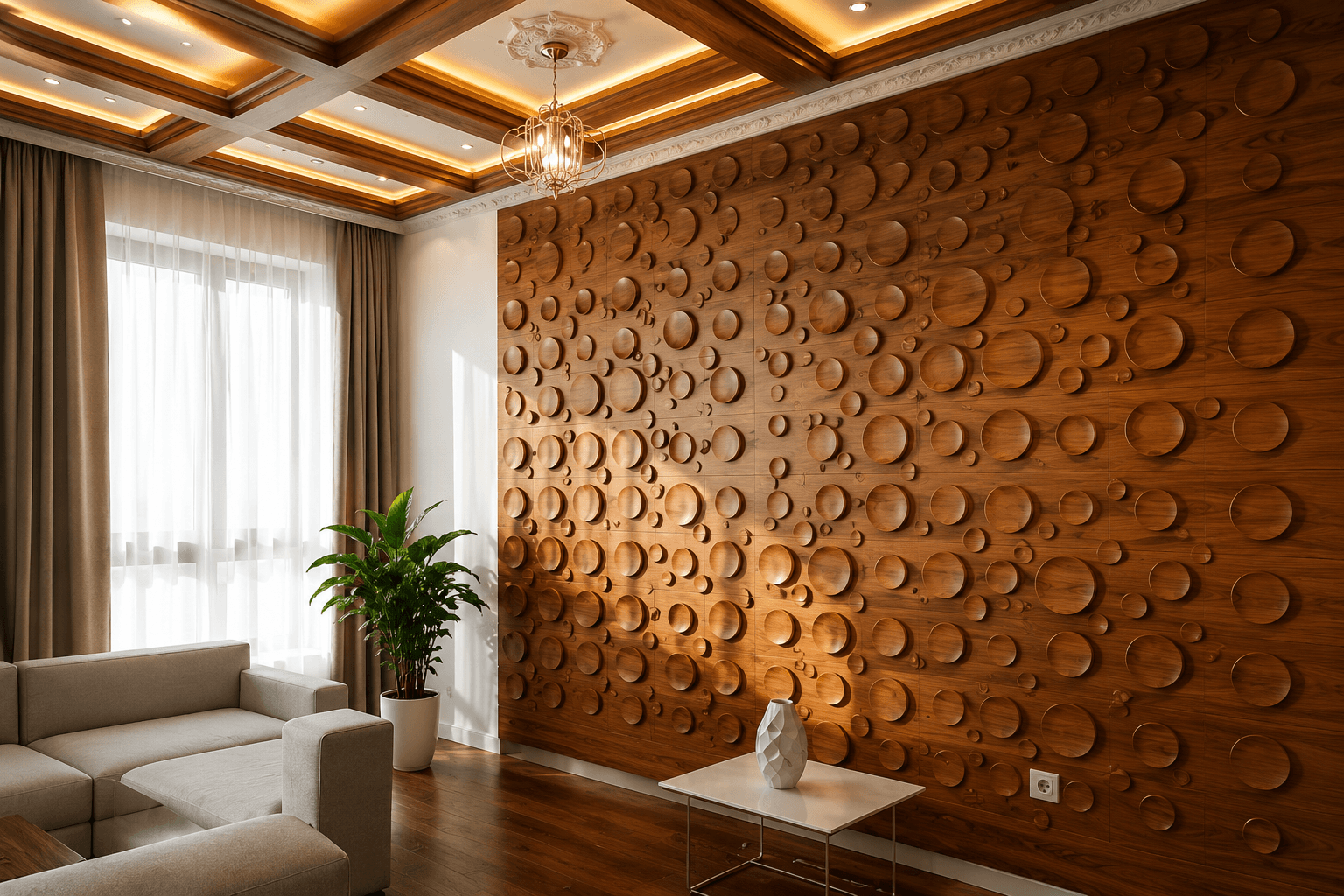 Luxury wooden finish PVC wall panel with circular 3D pattern design