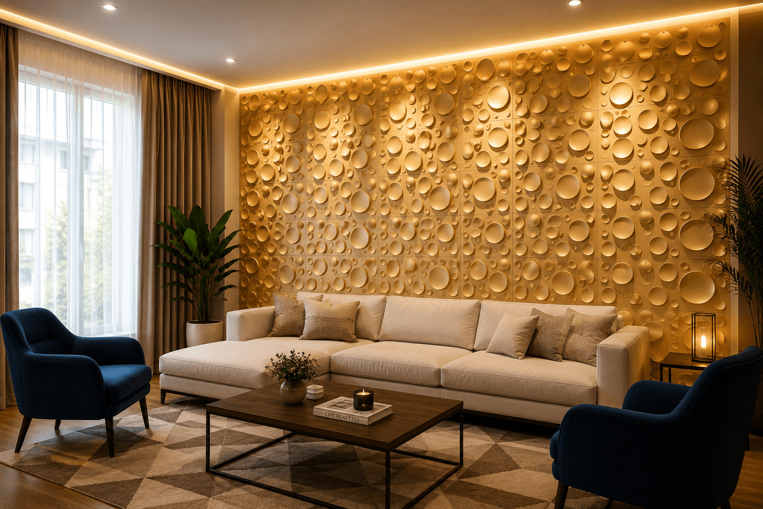 Golden textured PVC wall panel with warm ambient lighting effect