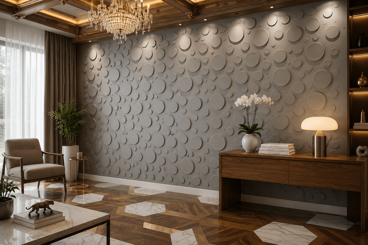 White circular 3D PVC wall panel design for luxury interiors