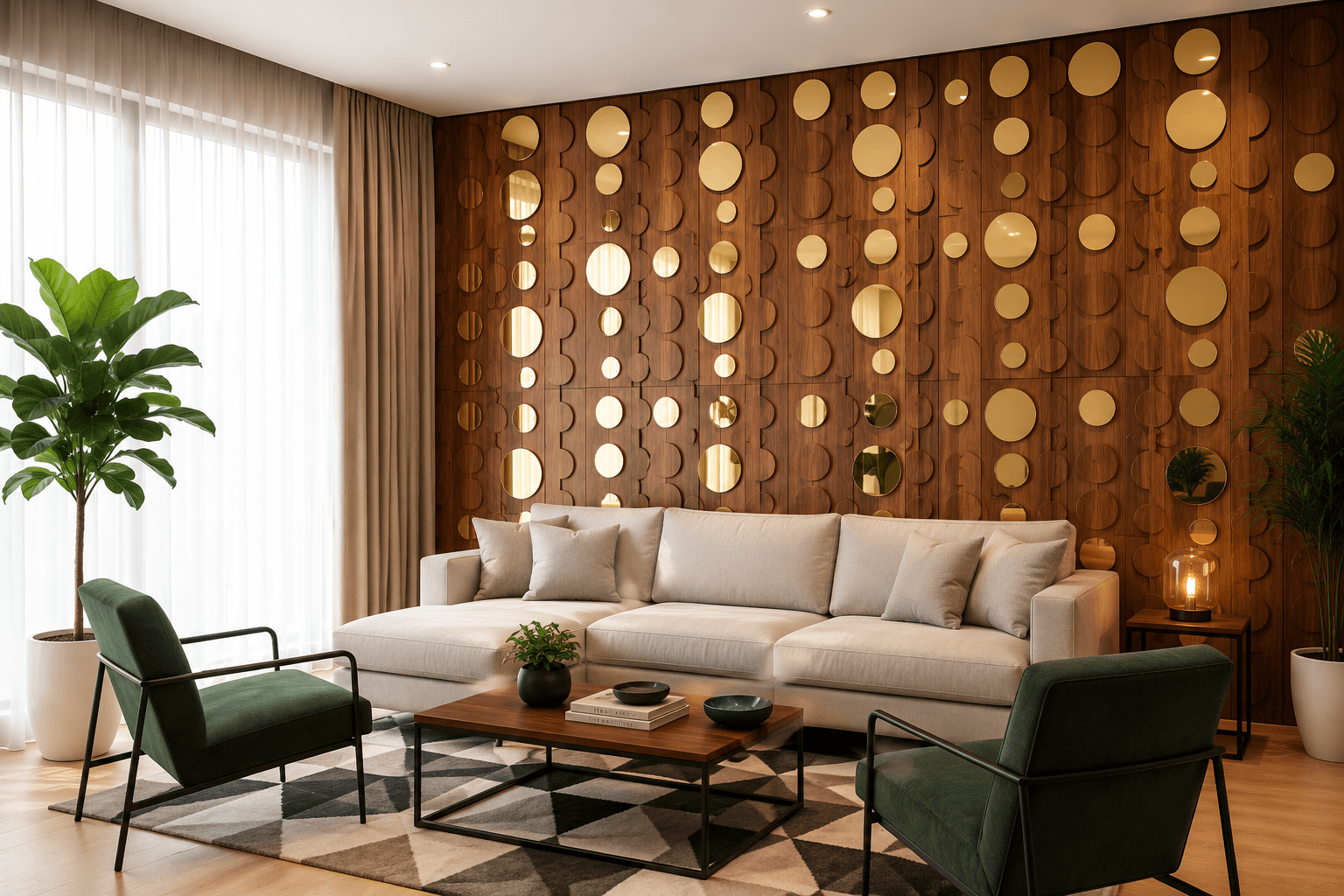 Brown circular textured PVC wall panel with decorative lighting