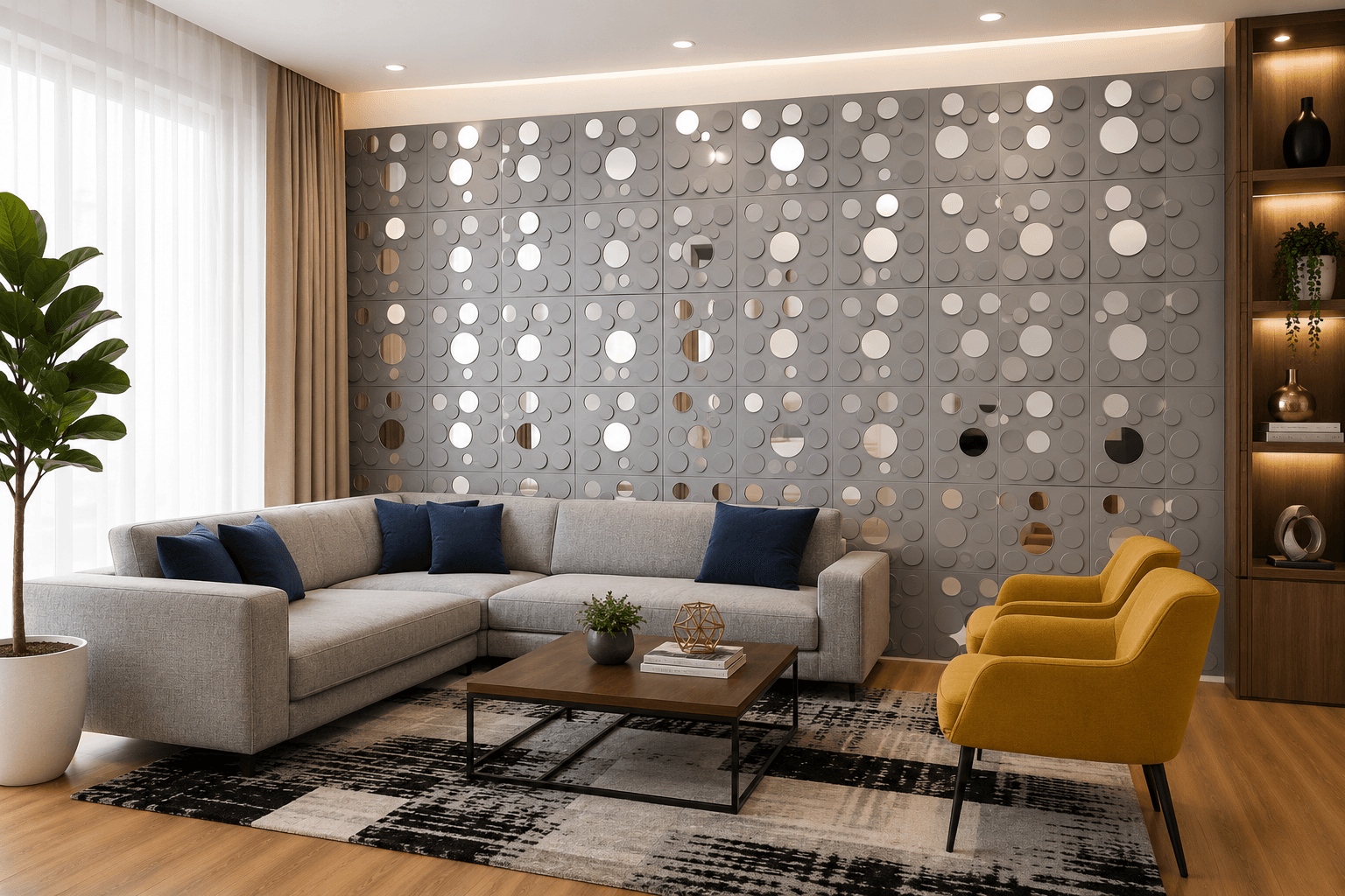 Grey circular 3D PVC wall panel design for living room walls
