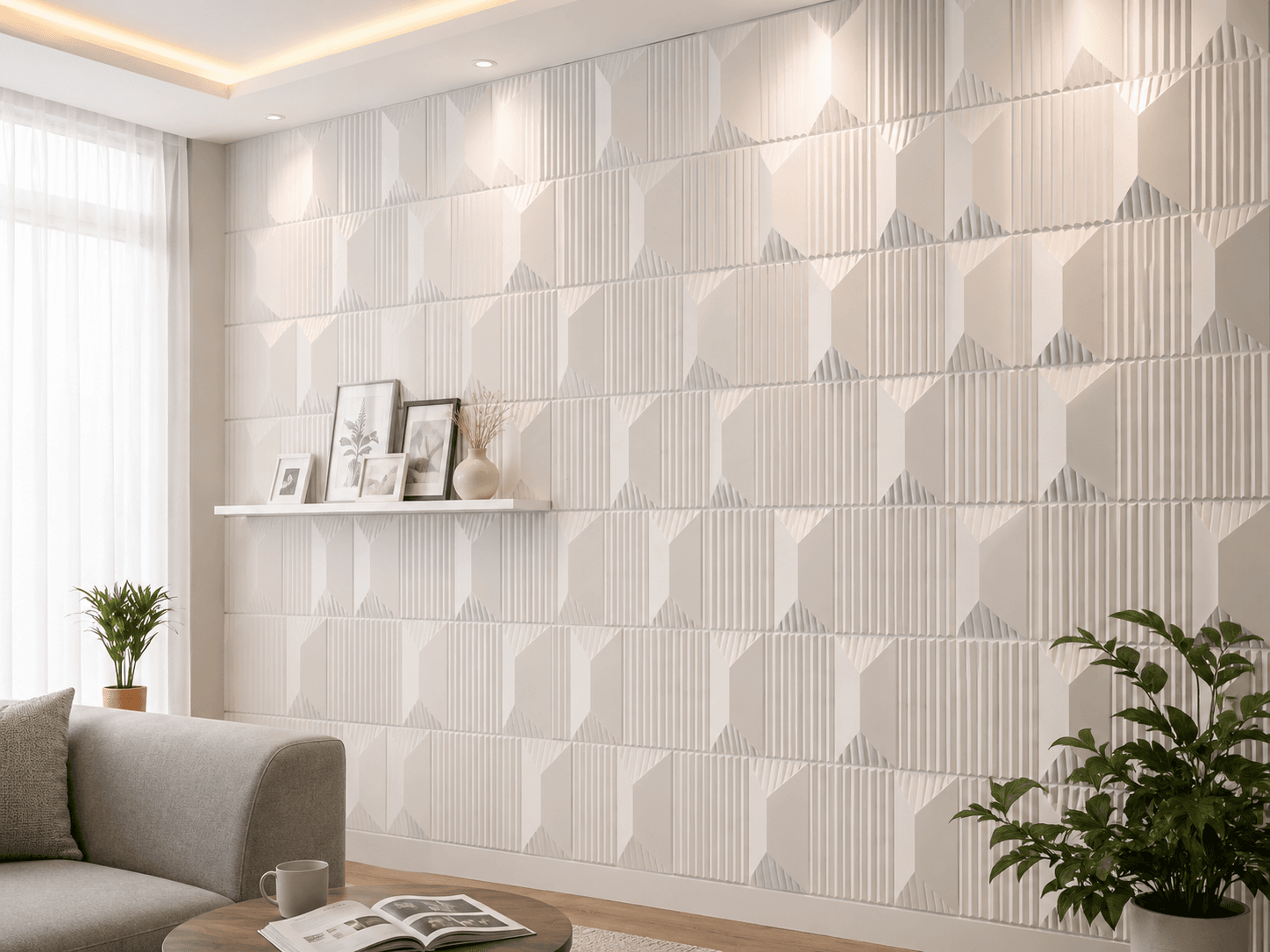 White 3D cube PVC wall panel with modern geometric texture