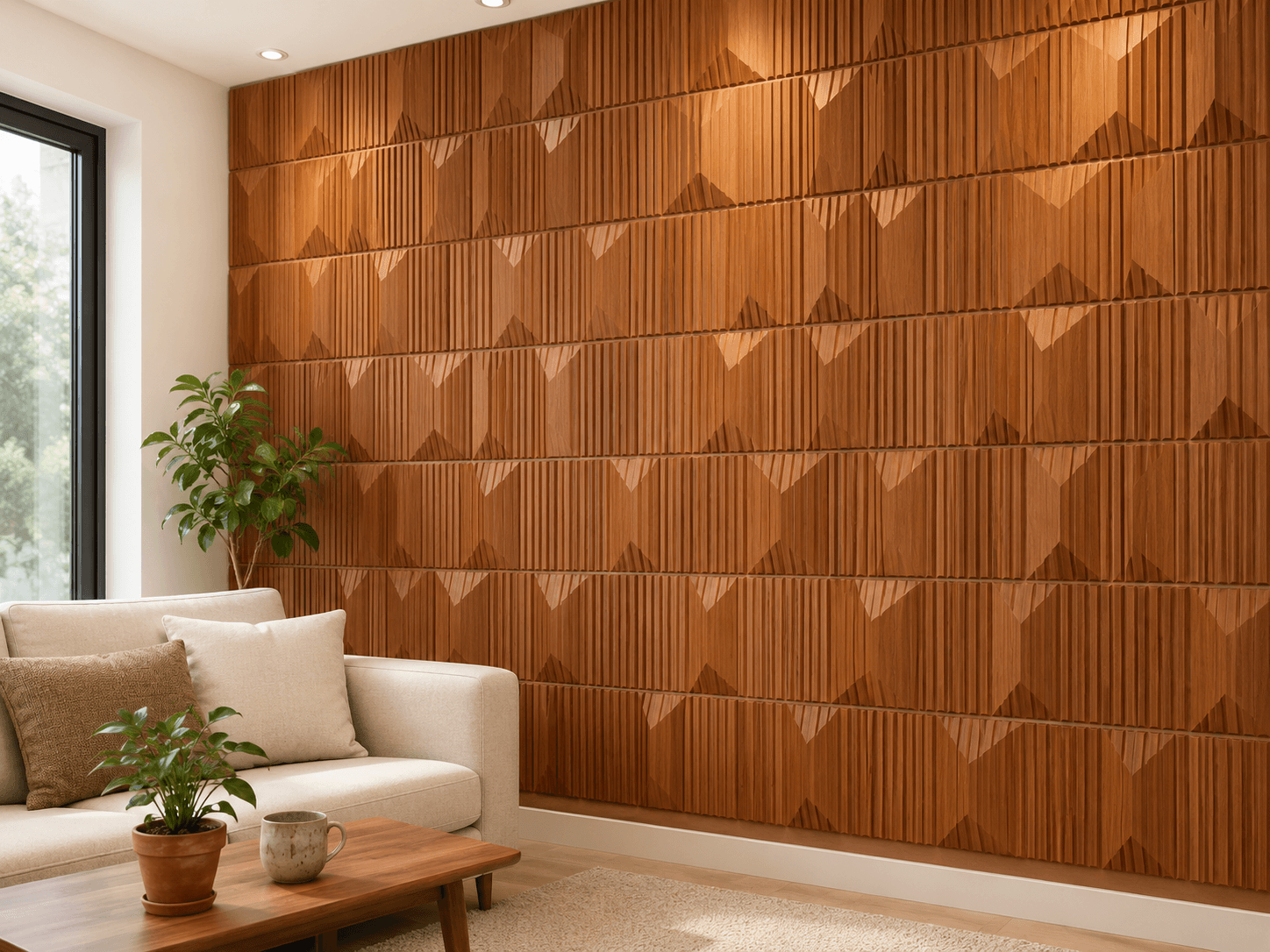 Brown geometric 3D PVC wall panel with wooden finish appearance