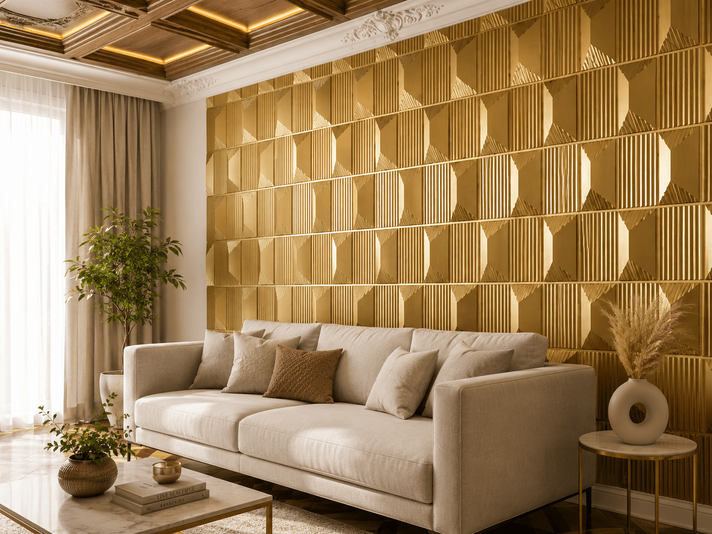 Gold luxury 3D PVC wall panel with decorative cube texture