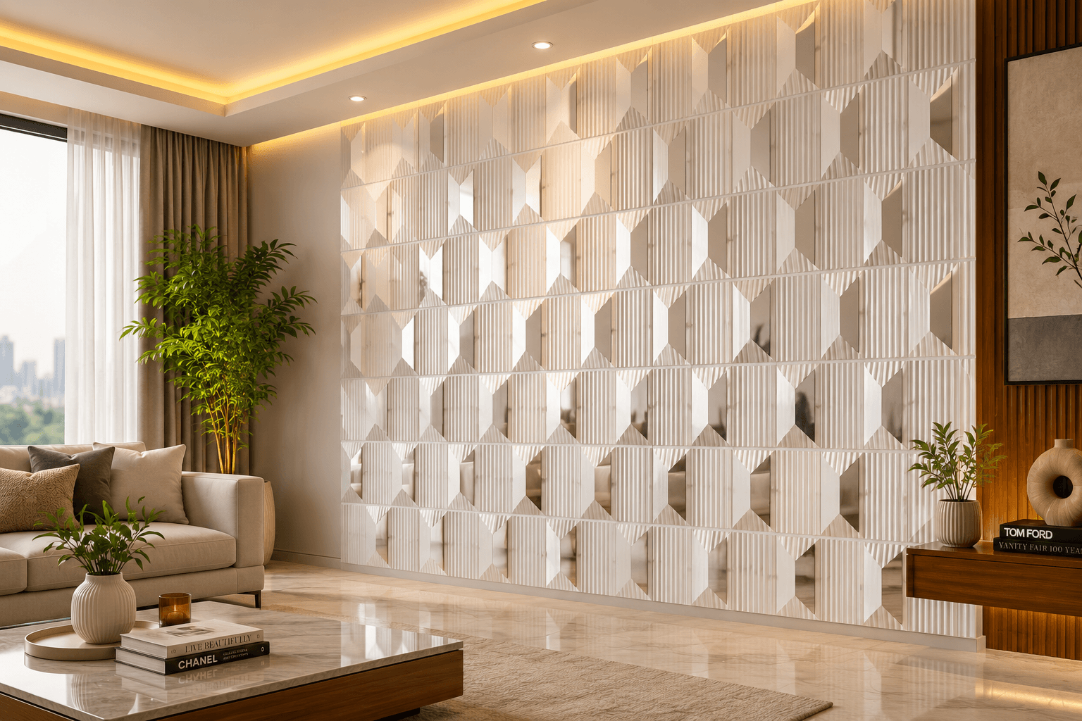 White luxury 3D PVC wall panel with sculpted geometric design